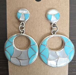 Vintage Zuni Inlay Earrings Edison and Laurenda Bobelu Turquoise Mother of Pearl